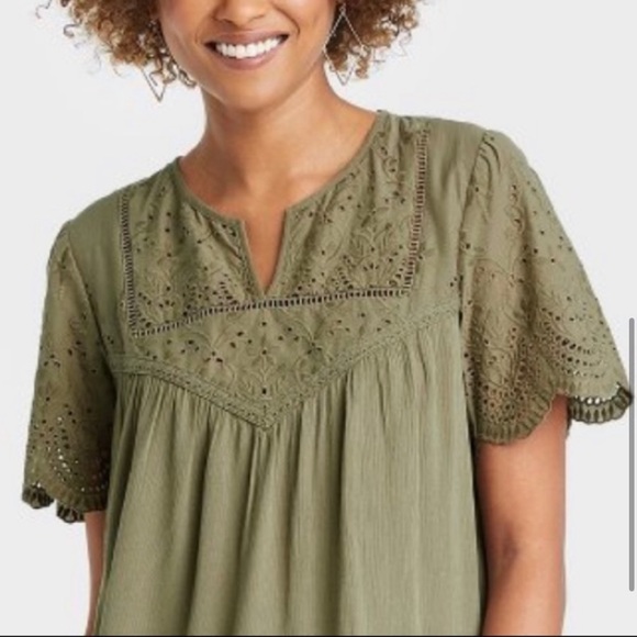 Knox rose embroidered lace boho olive green short sleeve blouse Sz large - Picture 2 of 7